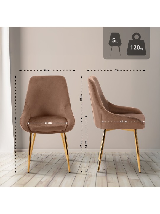 Sæt med 2 spisestuestole Elmira fløjlsguld, brun
