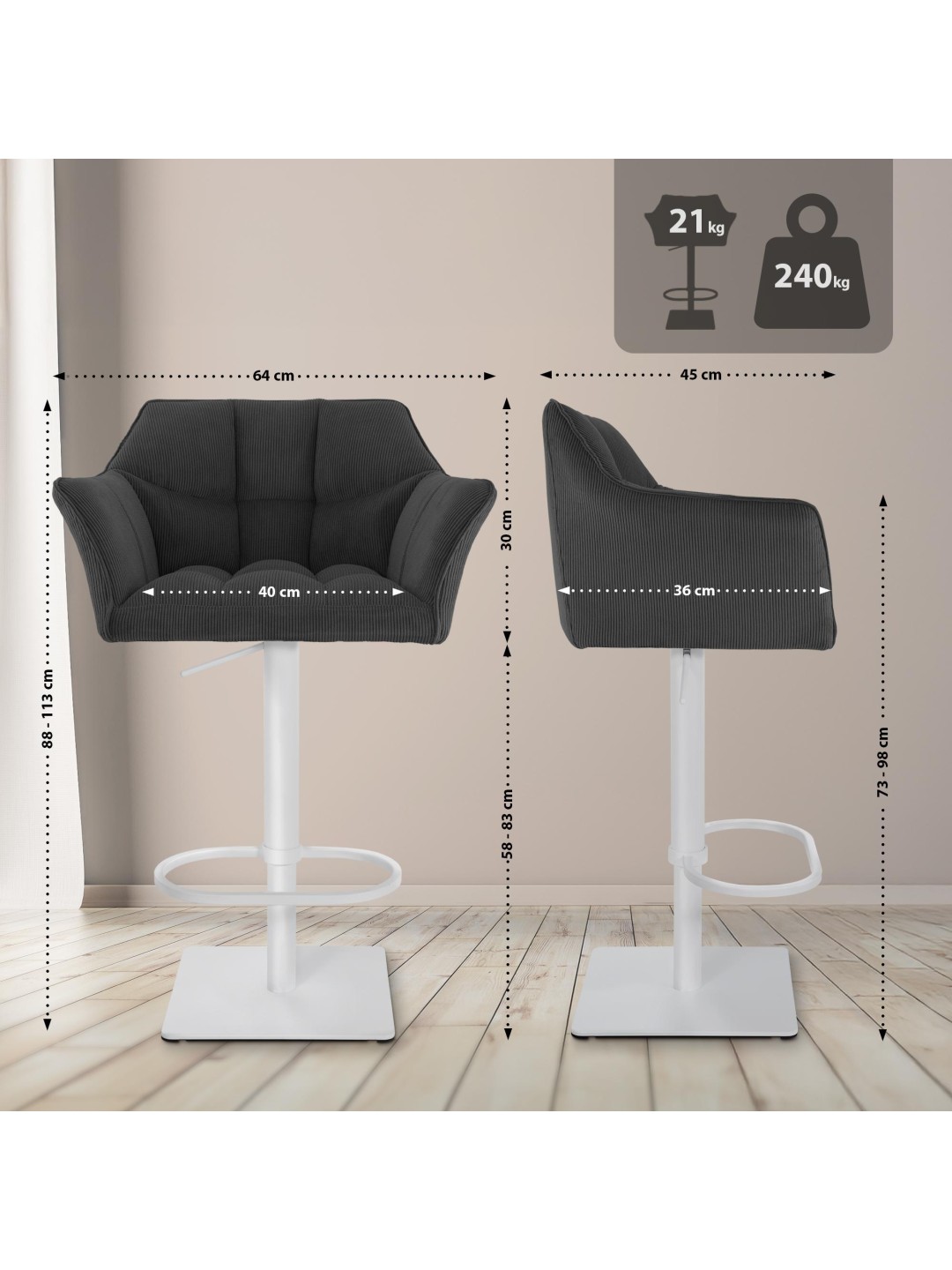 Barstol Damaso W Cord, mørkegrå