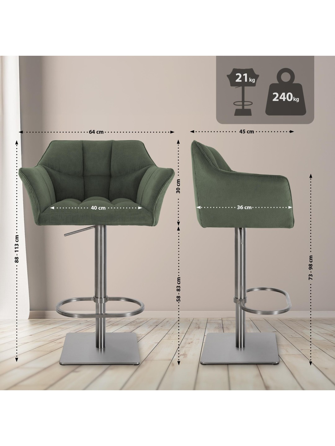 Barstol Damaso E Cord, grøn