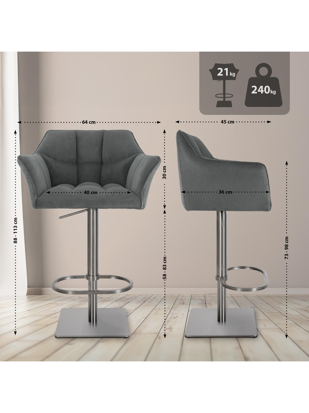 Barstol Damaso E Cord, grå