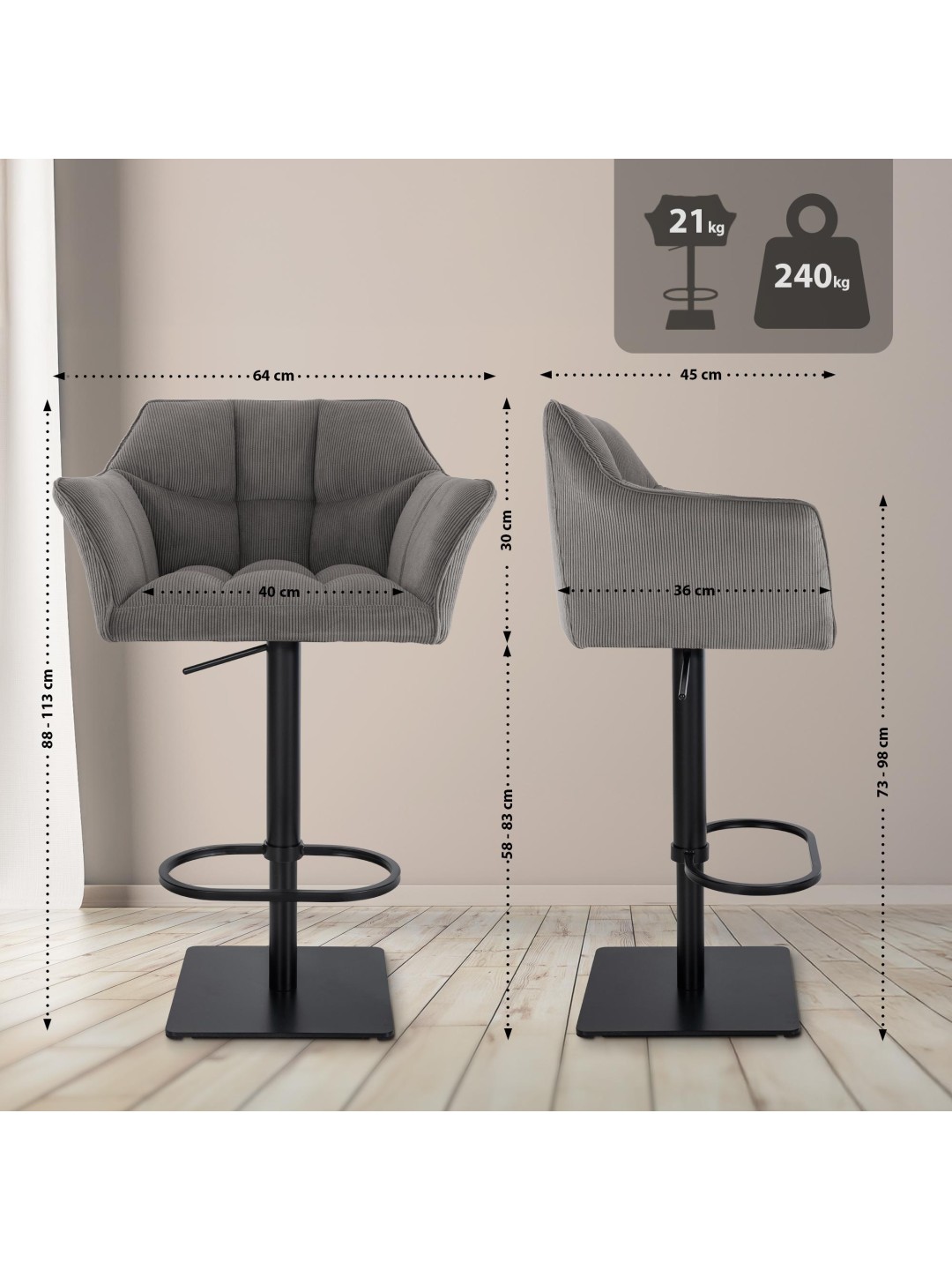 Barstol Damaso B Cord, taupe