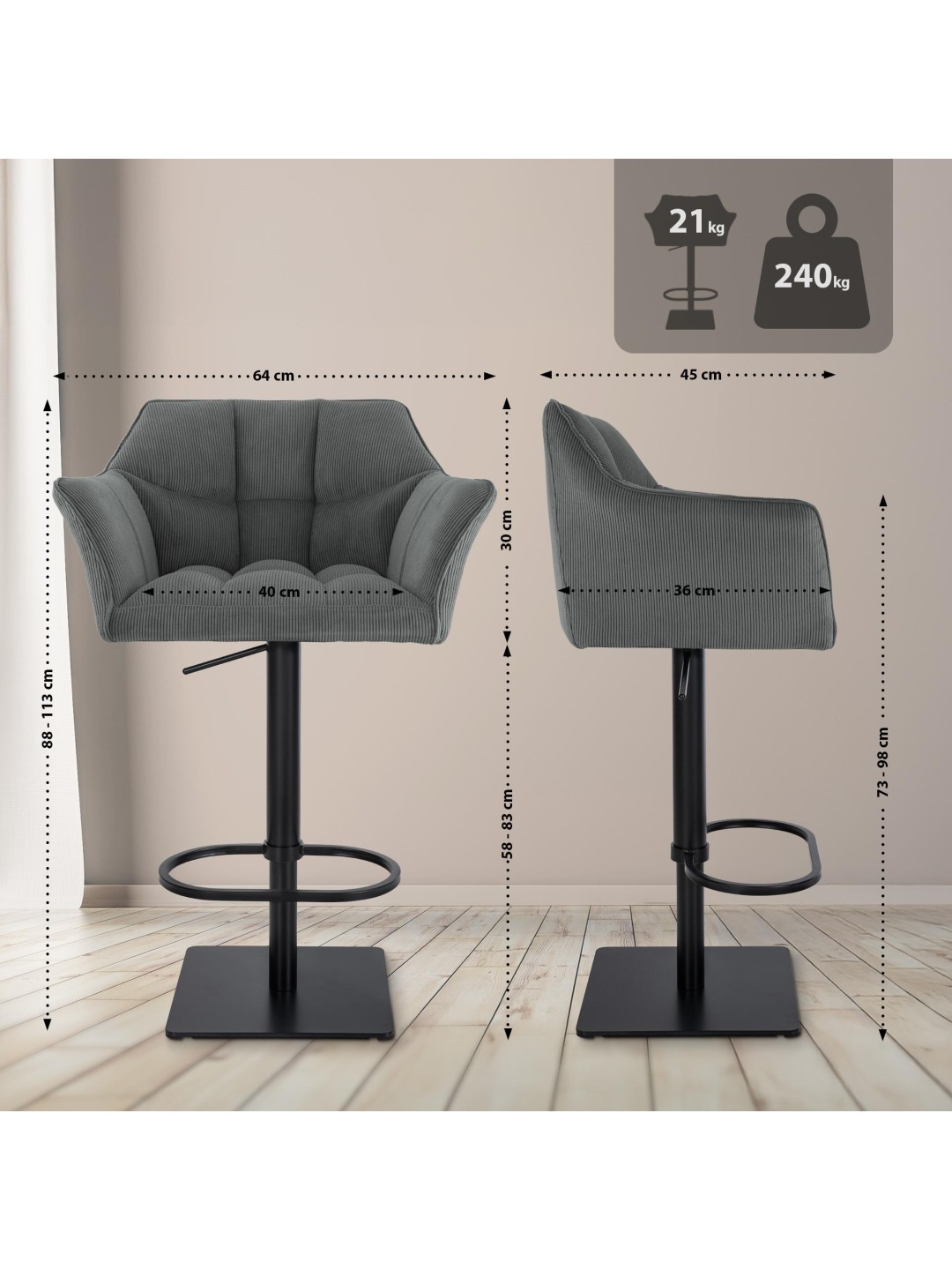 Barstol Damaso B Cord, grå