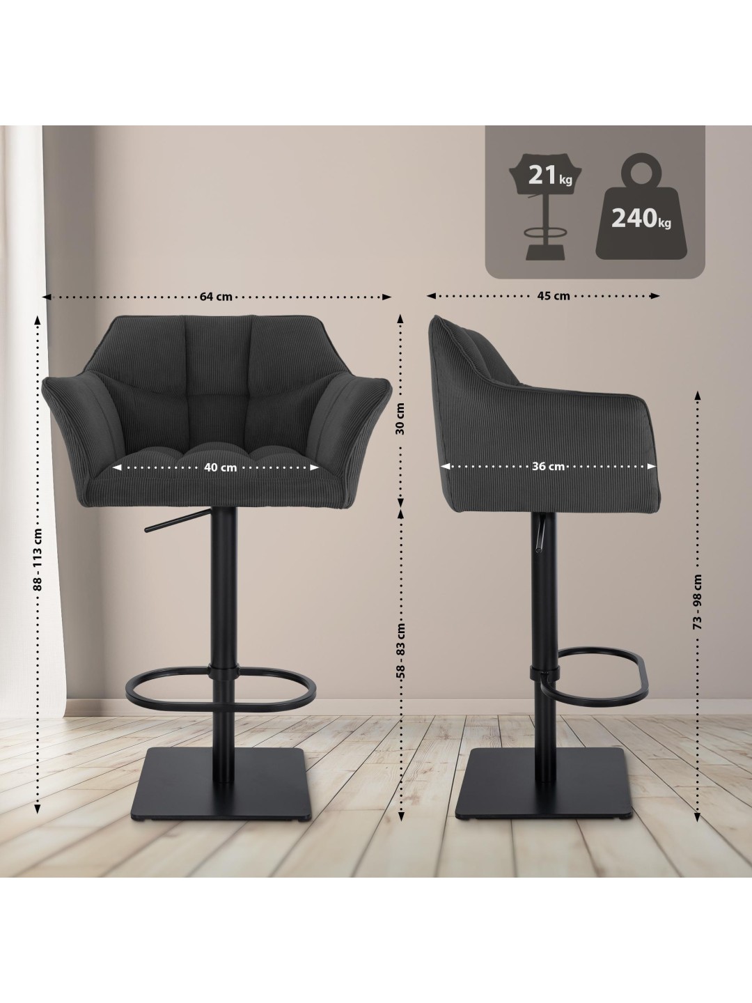 Barstol Damaso B Cord, mørkegrå