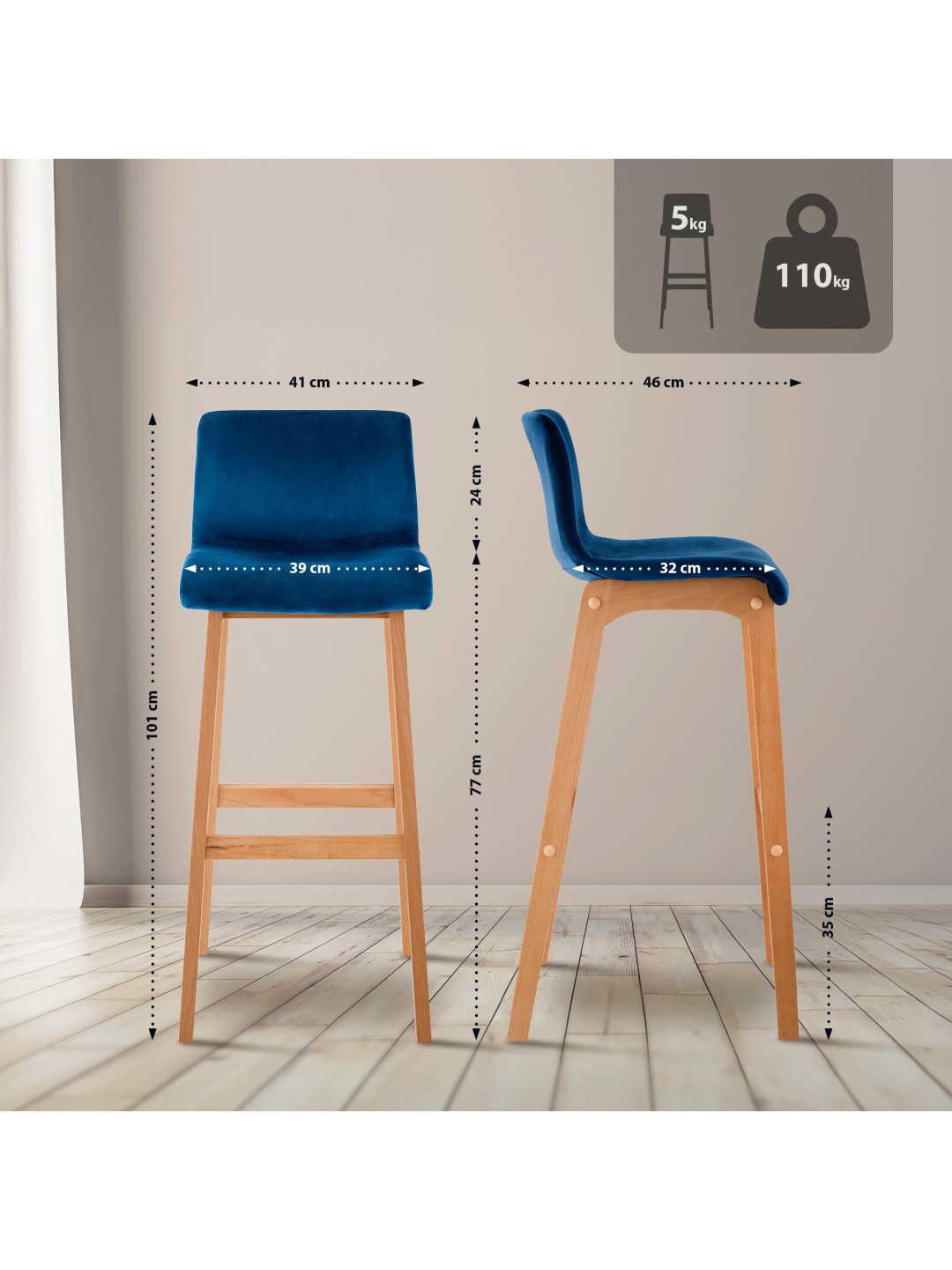 Barstol Hoover Velvet Natura, blå