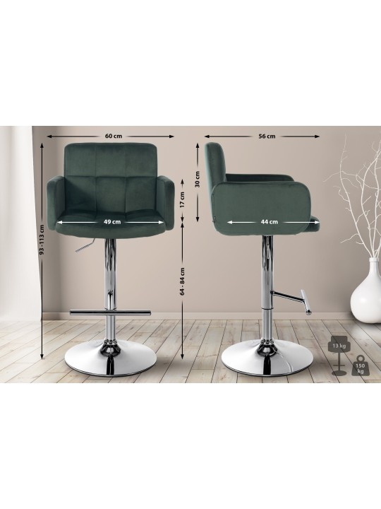 Sæt med 2 barstole Los Angeles fløjlskrom, mørkegrøn
