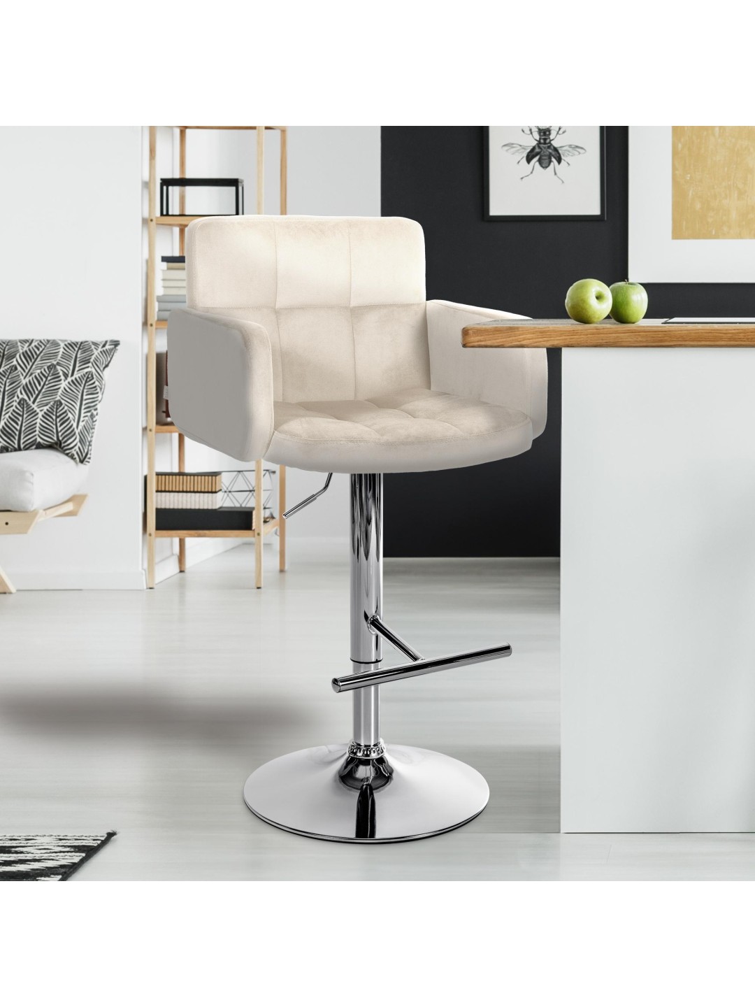 Sæt med 2 barstole Los Angeles fløjlskrom, creme