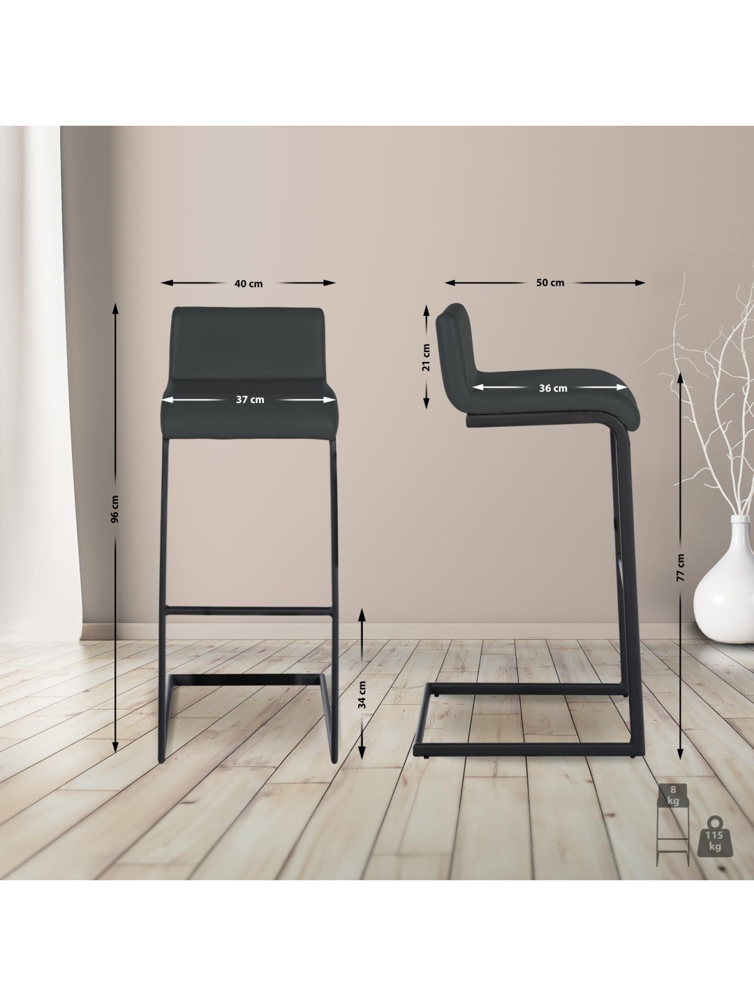 Sæt med 2 barstole Newport B imiteret læder, mørkegrå