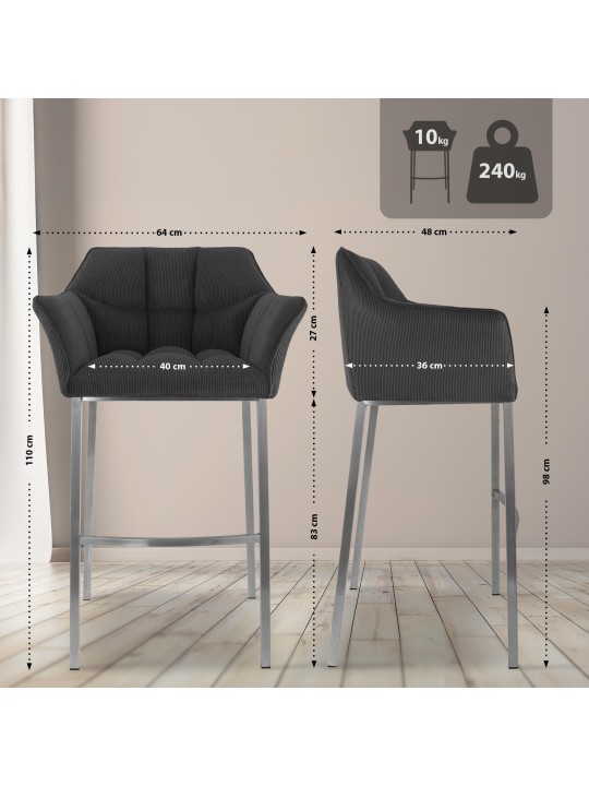 Barstol Damaso E Cord med 4 fods stel, mørkegrå