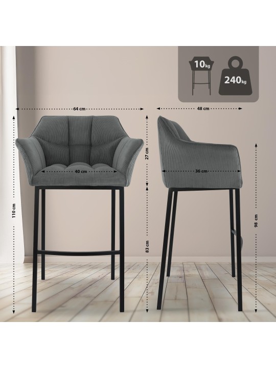 Barstol Damaso B Cord med 4 fods stel, grå Barstol Damaso B Cord med 4 fods stel, grå