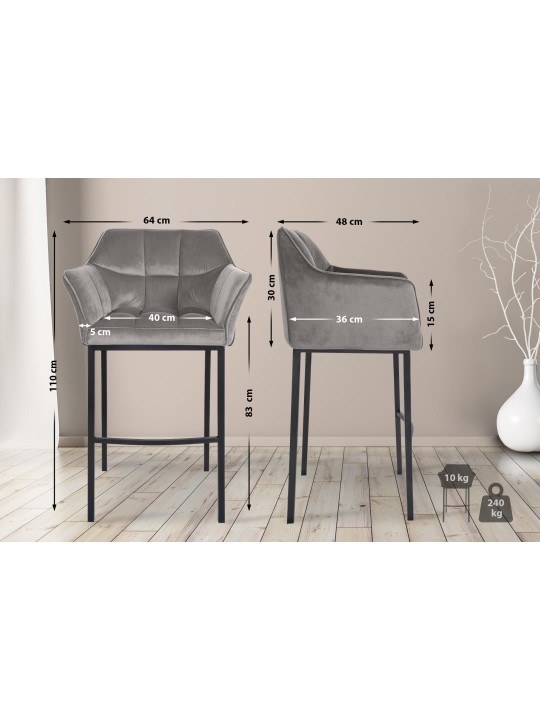 Barstol Damaso B fløjl med 4 fods stel, grå Barstol Damaso B fløjl med 4 fods stel, grå