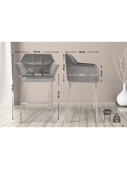 Barstol Damaso E fløjl med 4 fods stel, grå
