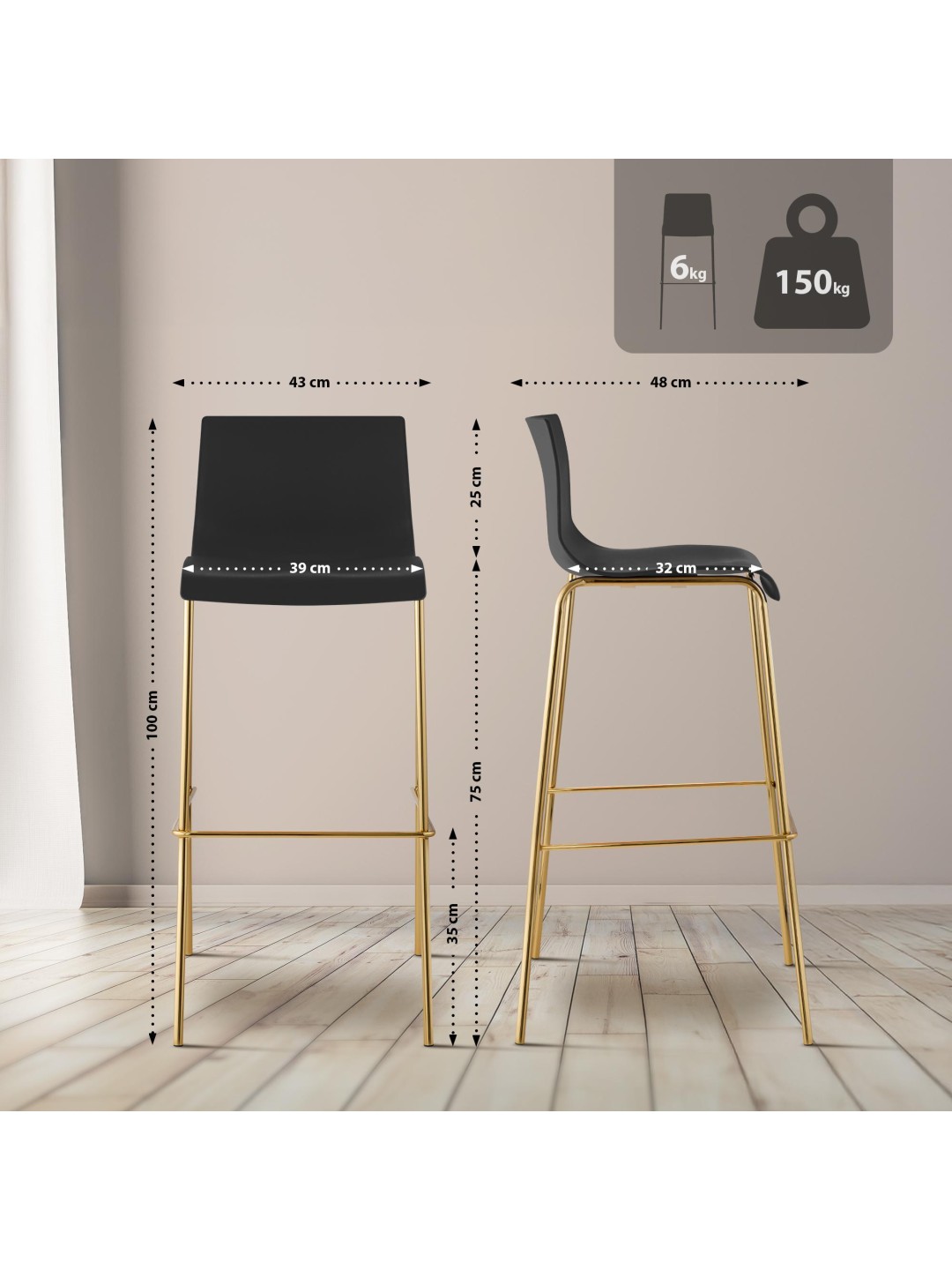 Sæt med 2 barstole Hoover plastik 4-fods guld, sort