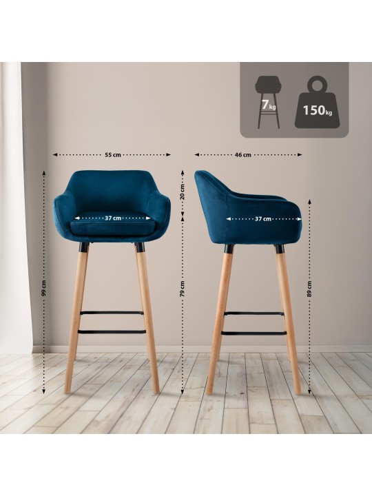 Sæt med 2 barstole Grant velvet, blå