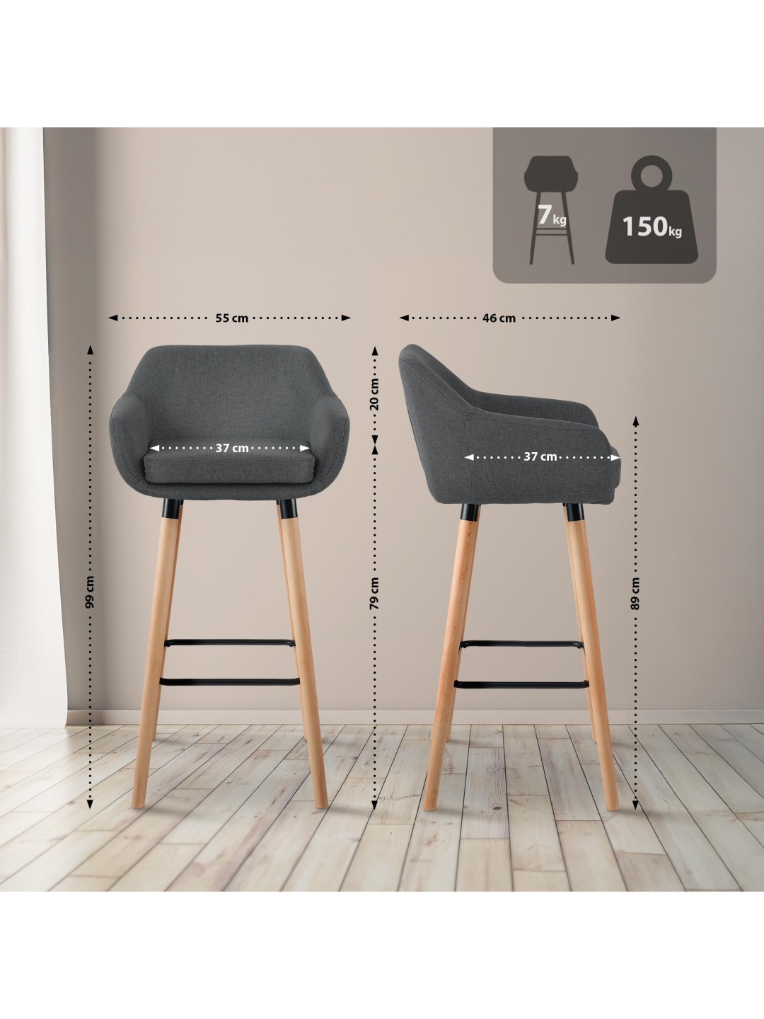 Sæt med 2 barstole Grant stof, mørkegrå