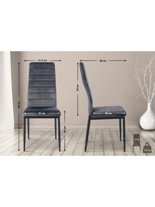 Sæt med 4 spisestuestole Mayfair velvet, grå