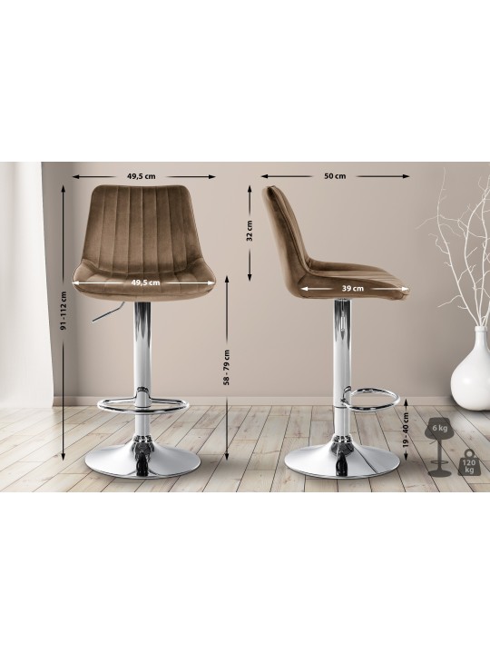 Sæt med 2 barstole Toni velour chrome, brun