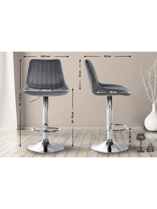 Sæt med 2 barstole Toni velour chrome, mørkegrå