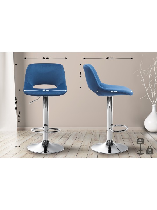 Sæt med 2 barstole Camden velvet chrome, blå Sæt med 2 barstole Camden velvet chrome, blå