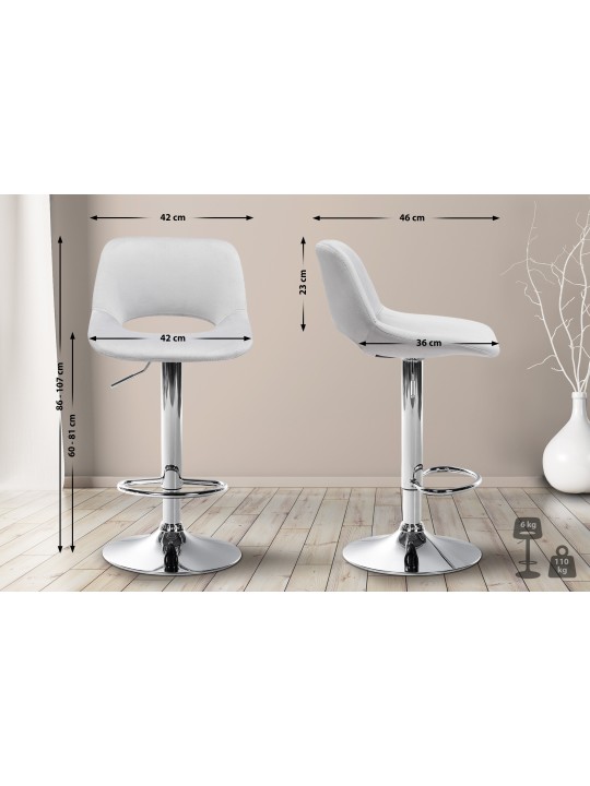 Sæt med 2 barstole Camden velvet chrome, lysegrå Sæt med 2 barstole Camden velvet chrome, lysegrå