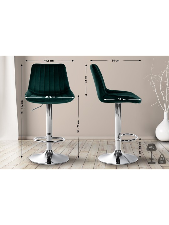 Sæt med 2 barstole Toni velour chrome, grøn