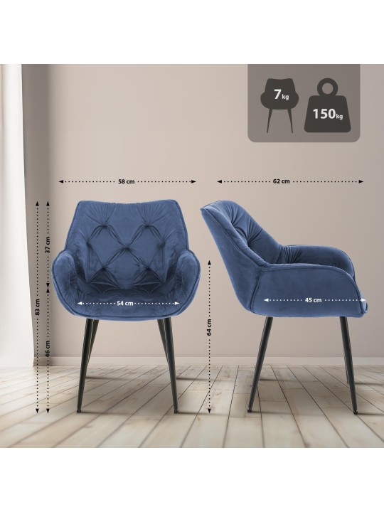 Sæt med 2 stole Tanna velvet, blå
