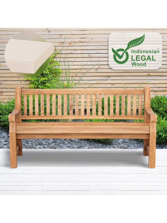 Teak bænk Jackson med sædehynde 180 cm + teak, creme