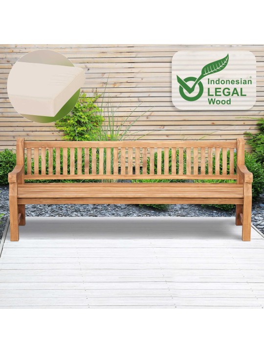Teak bænk Jackson med sædehynde 240 cm + teak, creme