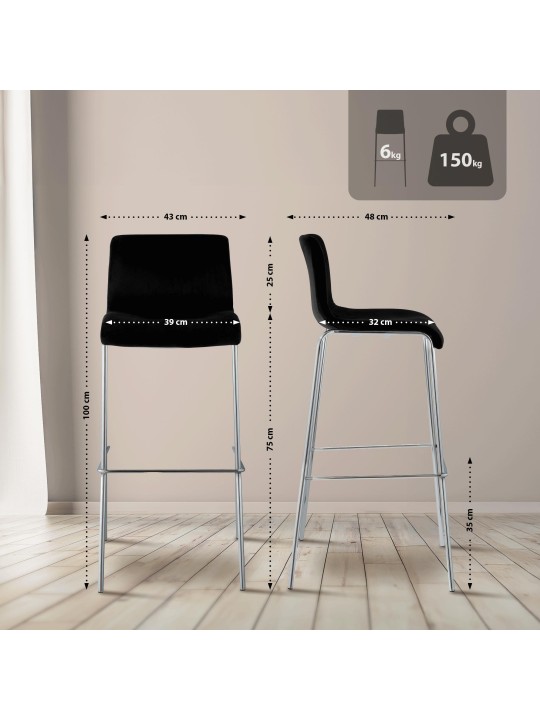 Barstol Hoover fløjl 4-fods krom, sort