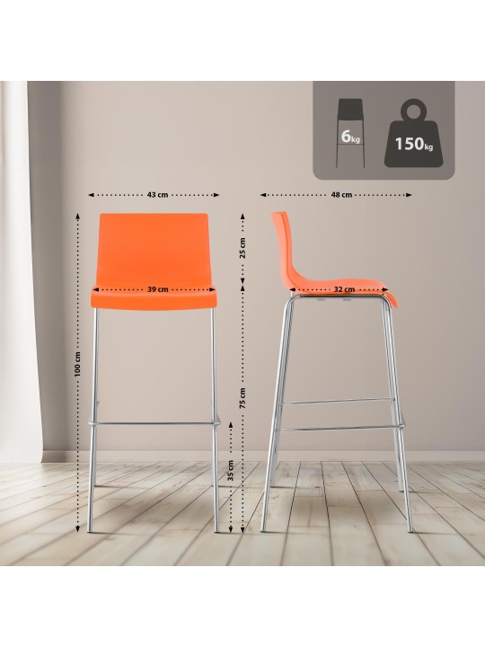 Sæt med 2 barstole Hoover plastik 4-fods stel krom, orange Sæt med 2 barstole Hoover plastik 4-fods stel krom, orange