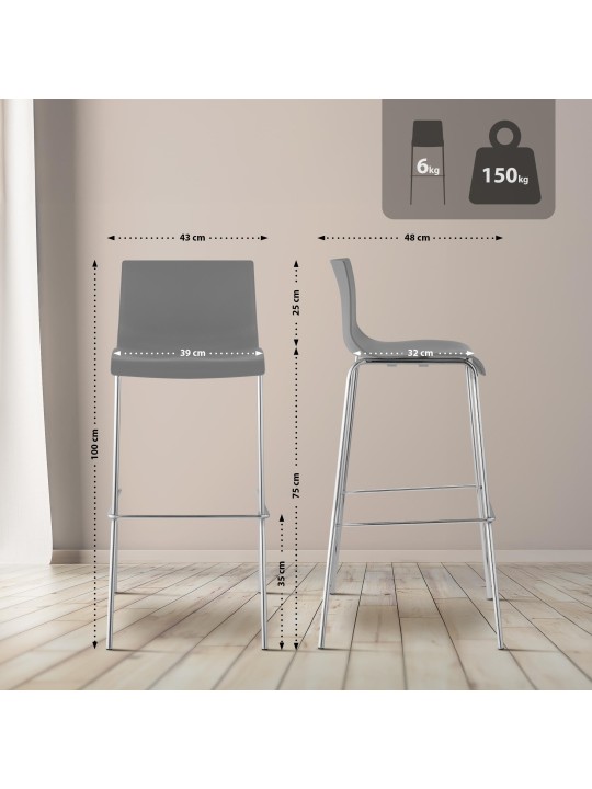 Sæt med 2 barstole Hoover plastik 4-fods stel krom, grå Sæt med 2 barstole Hoover plastik 4-fods stel krom, grå