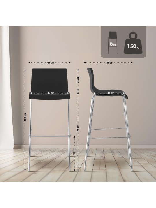 Sæt med 2 barstole Hoover plastik 4-fods stel krom, sort Sæt med 2 barstole Hoover plastik 4-fods stel krom, sort