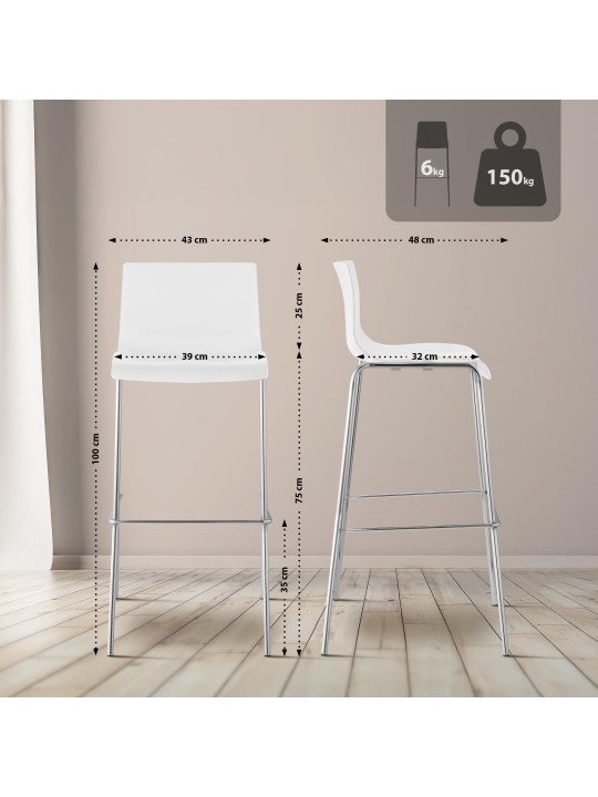 Sæt med 2 barstole Hoover plastik 4 fods stel krom, hvid Sæt med 2 barstole Hoover plastik 4 fods stel krom, hvid