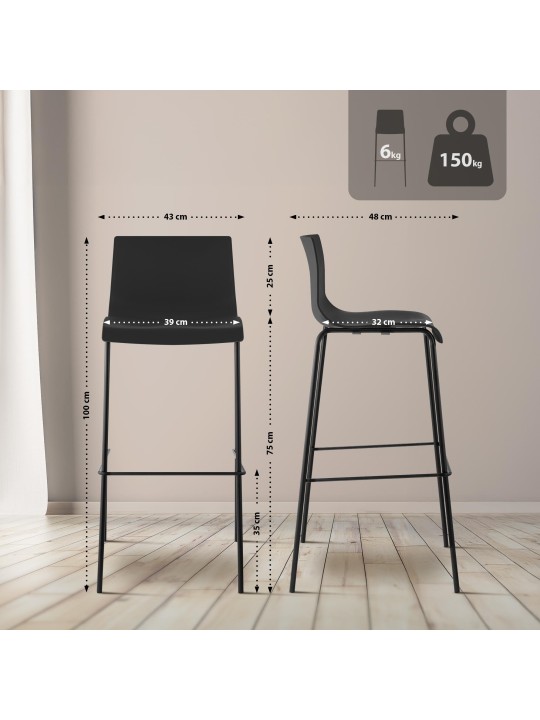 Sæt med 2 barstole Hoover plast 4-fods stel, sort Sæt med 2 barstole Hoover plast 4-fods stel, sort